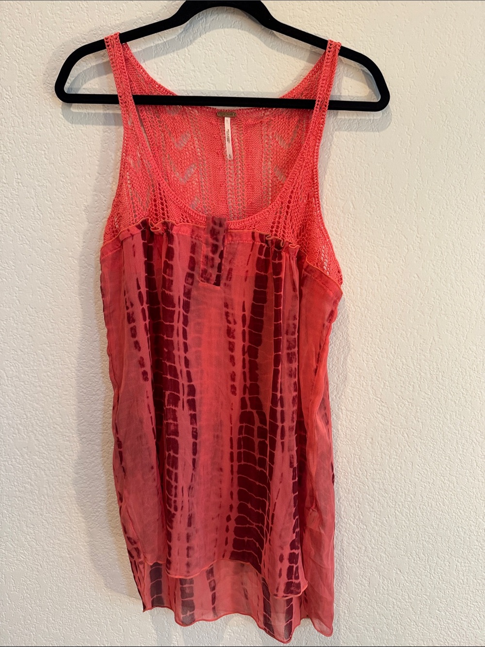 Free People Coral Tie-Dye Crochet Yoke Tank